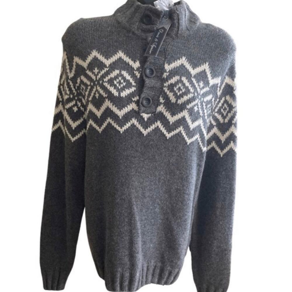Davis & Squire Gray Fair Isle Knit Sweater with Button Neck - Size M